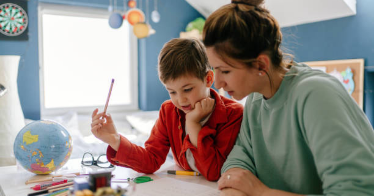 a mother teaching foreign languages to her child