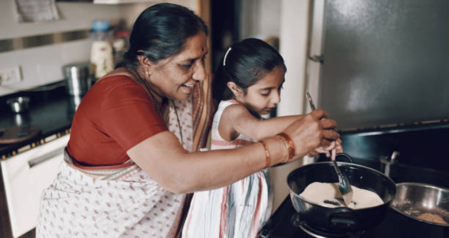 grandmother teaching kids the importance of life skills