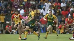 Australian rugby team players competing in a tournament, with 15 players each side demonstrating strategy of the sport.