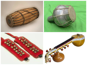 An image of traditional Kuchipudi music instruments, including a percussion drum (mridangam), violin, flute, and tambura, arranged for a performance.