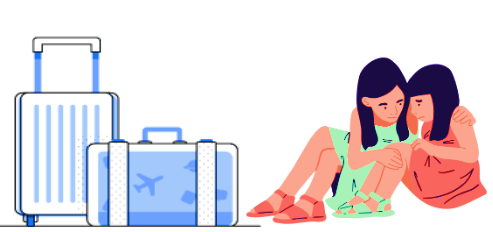Two girls sitting with their luggage