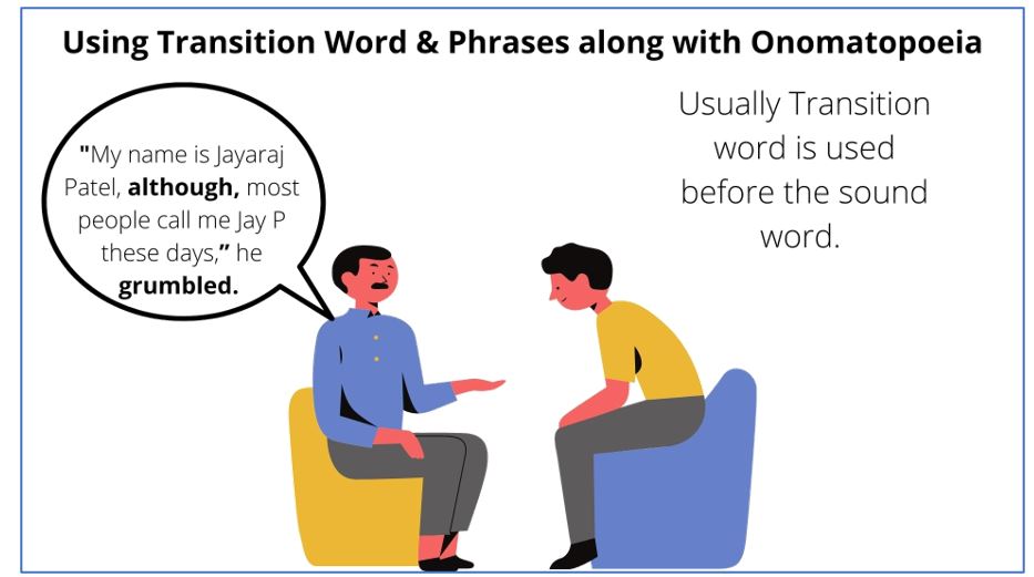 Mind map for usage of transitional words with Onomatopoeia
