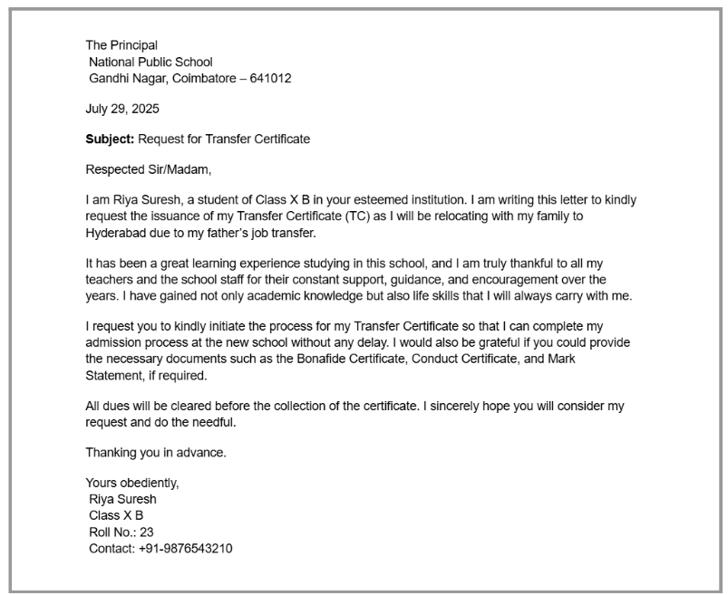Letter to the principal Request for transfer certificate
