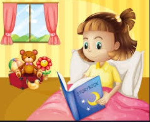 A small girl reading storybook inside ...