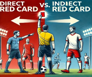 A digital illustration explaining 'Direct vs. Indirect Red Cards' in soccer. 