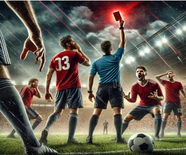 A dramatic digital illustration showing a football referee holding up a red card during an intense match. 