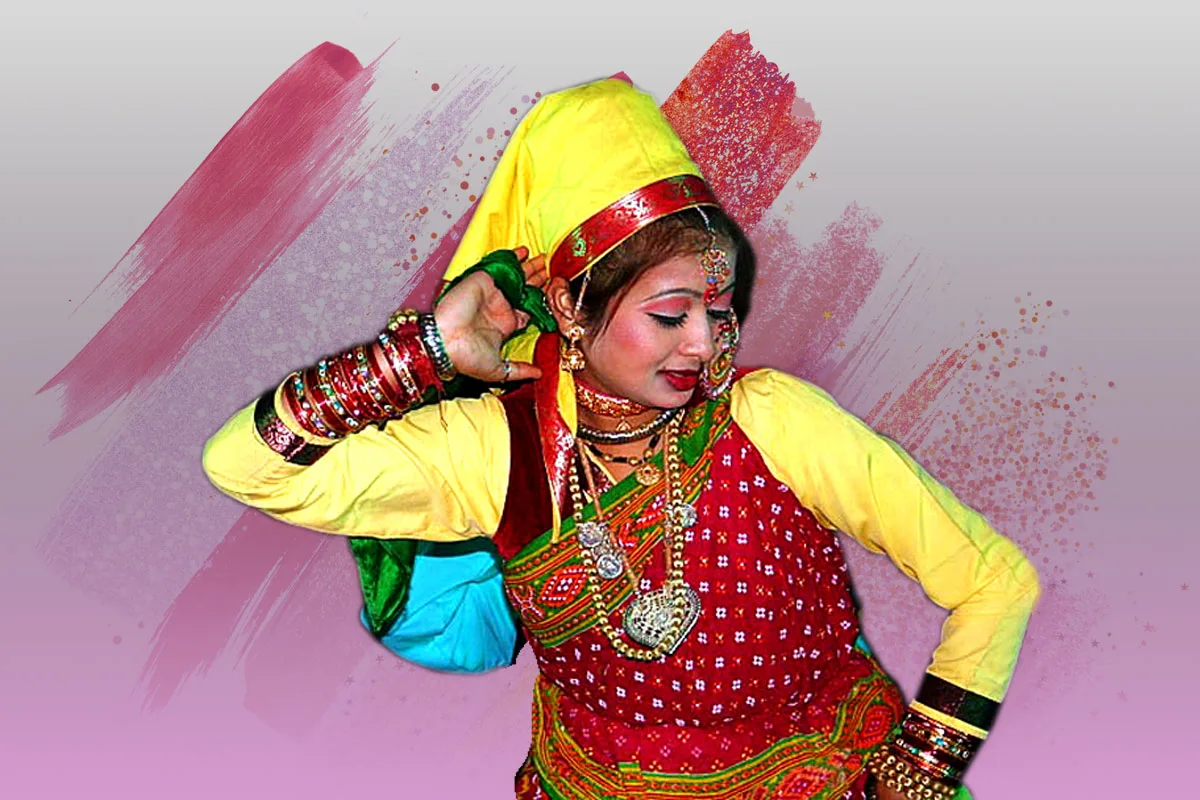 dancer in vibrant traditional attire performing Jhora.