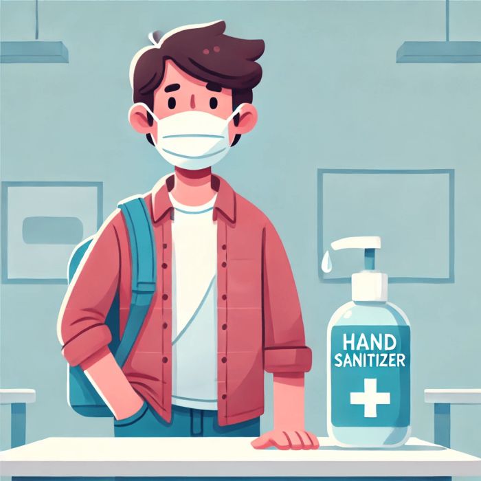 Image of a person wearing mask and a hand sanitizer next to him