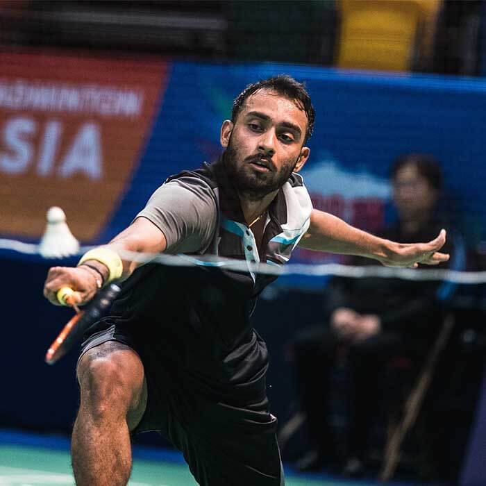 Sourabh Verma is seen during a match, focused on delivering a shot. He clinched the 2017 Swiss Open title.